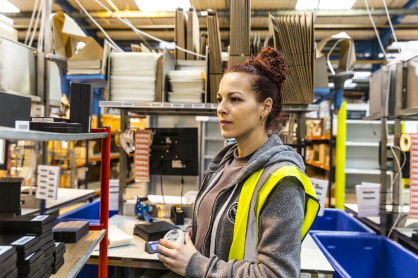 A James and James team member takes items from a picking trolley at a packing desk