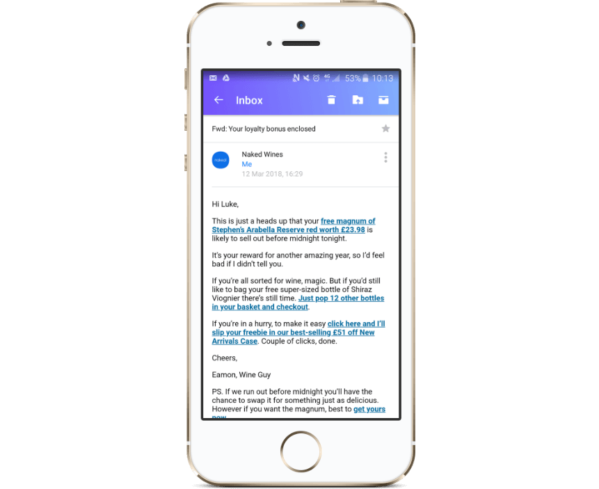 A personal note from Naked Wines' Managing Director: an example of using email to get traffic to your online store.