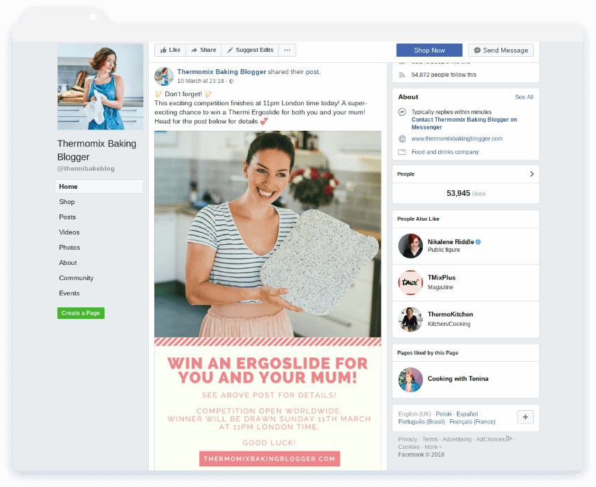 Sophia's Thermomix Baking Blog on Facebook: an example of using an online competition to get traffic to your online store.
