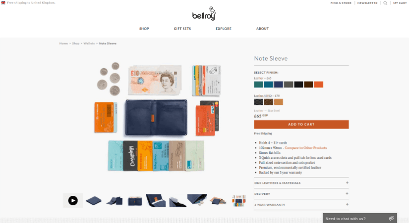 Bellroy: an example of an optimized product page.