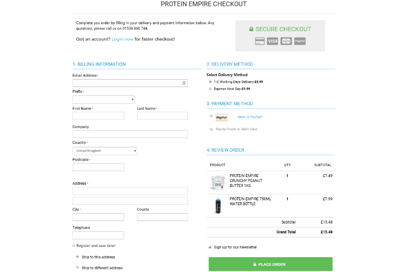 Protein Empire: an example of a simple, one-page checkout to boost eCommerce conversion rates.