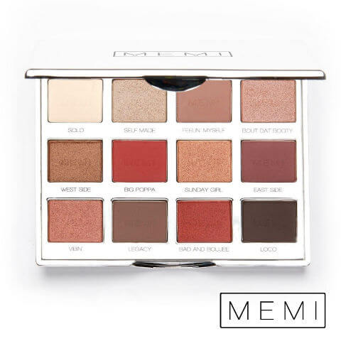 An eye shadow palette with the MEMI logo