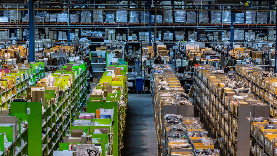Pallet and pick storage aisles within James and James's UK fulfilment warehouse