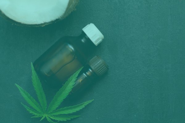 A bottle of hemp-derived CBD oil on a slate with hemp leaves