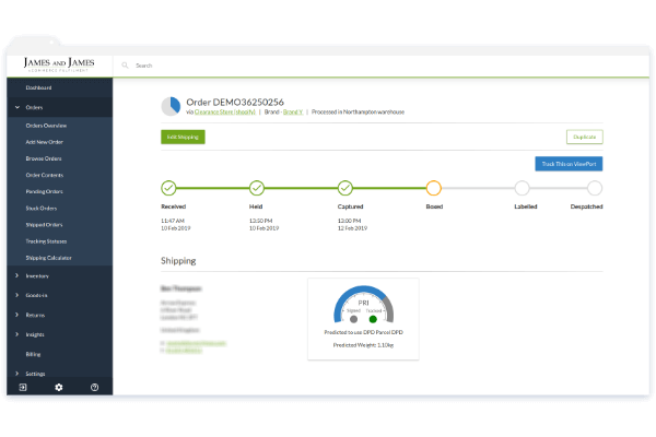 A screenshot showing how orders can be tracked in James and James's order fulfilment software