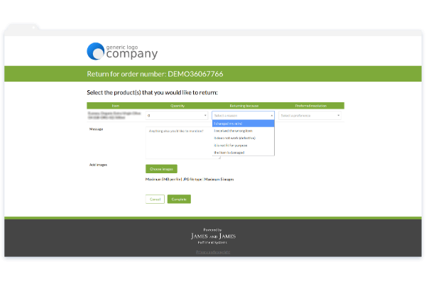 A screenshot showing how customers can initiate returns online using James and James's order fulfilment software