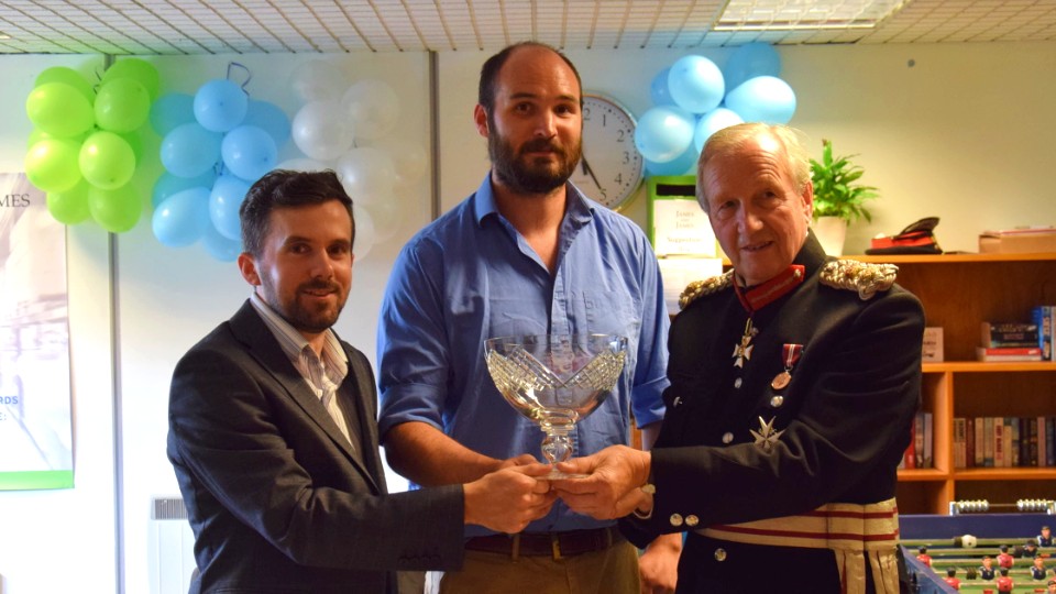 James Hyde and James Strachan receive the Queen's Award from the Lord Lieutenant of Cambridgeshire, Sir Hugh Duberly