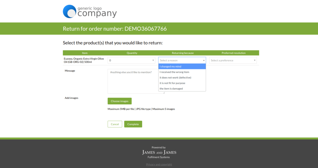 A screenshot of the returns functionality within James and James eCommerce Fulfilment ControlPort system