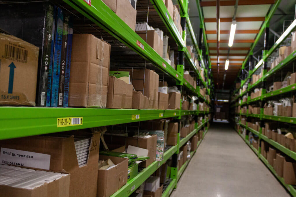 An aisle of goods in the Liberty fulfilment centre