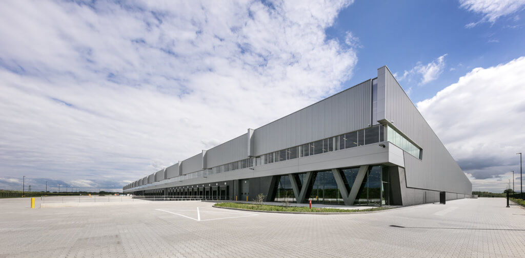 An exterior photograph of a distribution centre warehouse