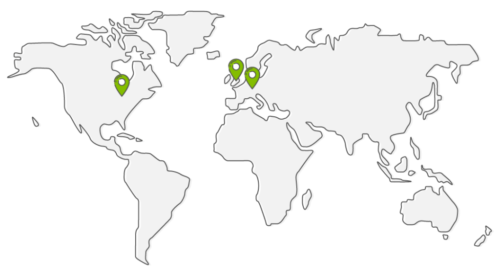 A world map with pins in our fulfilment centre locations in the UK, EU and the US