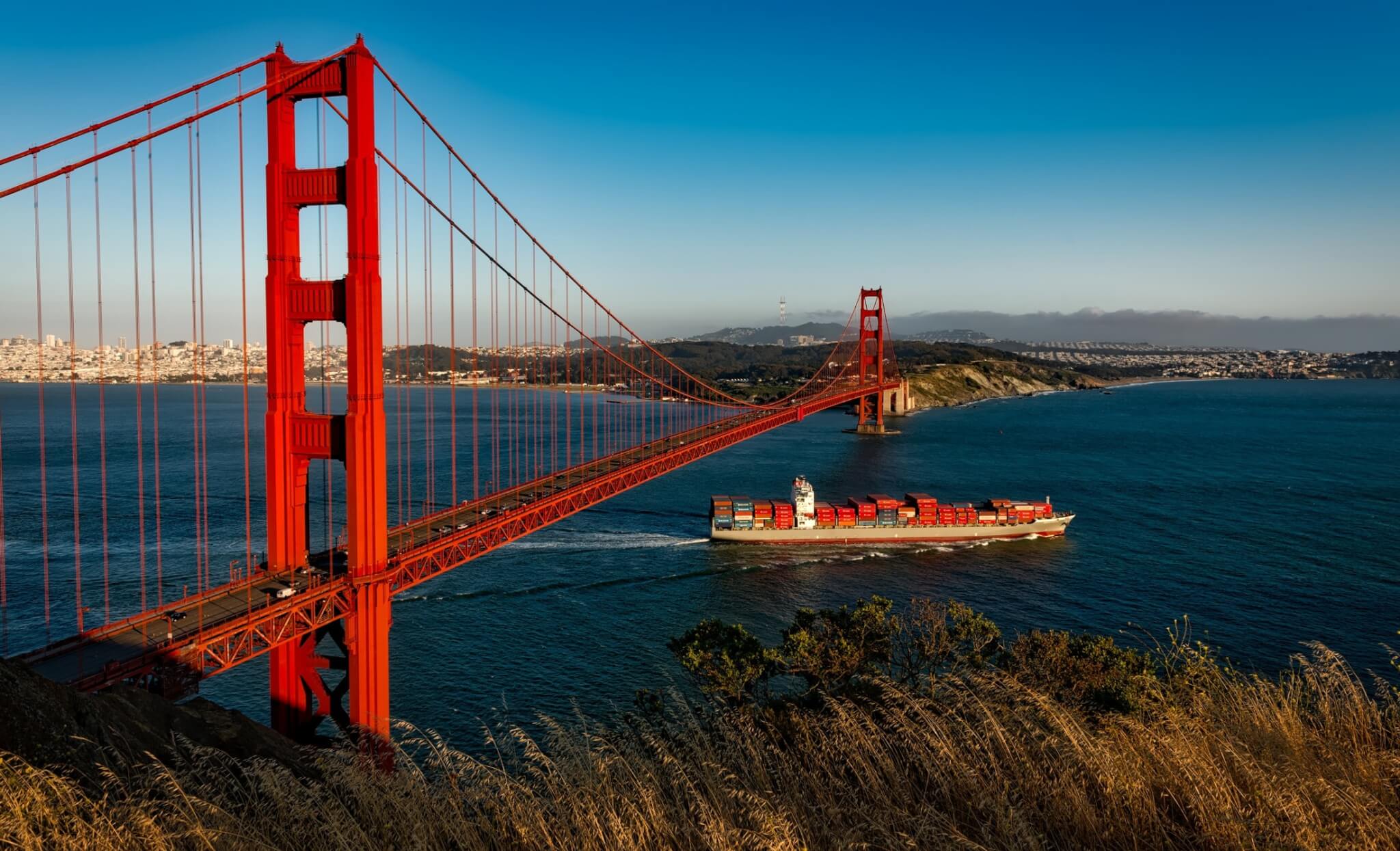 An image of a cargo ship passing under a bridge.