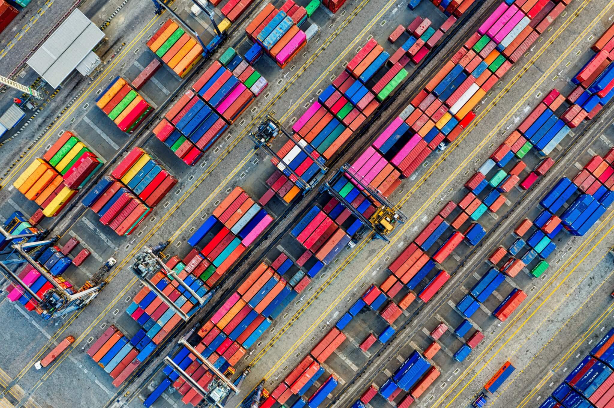 A birds eye view of shipping containers.